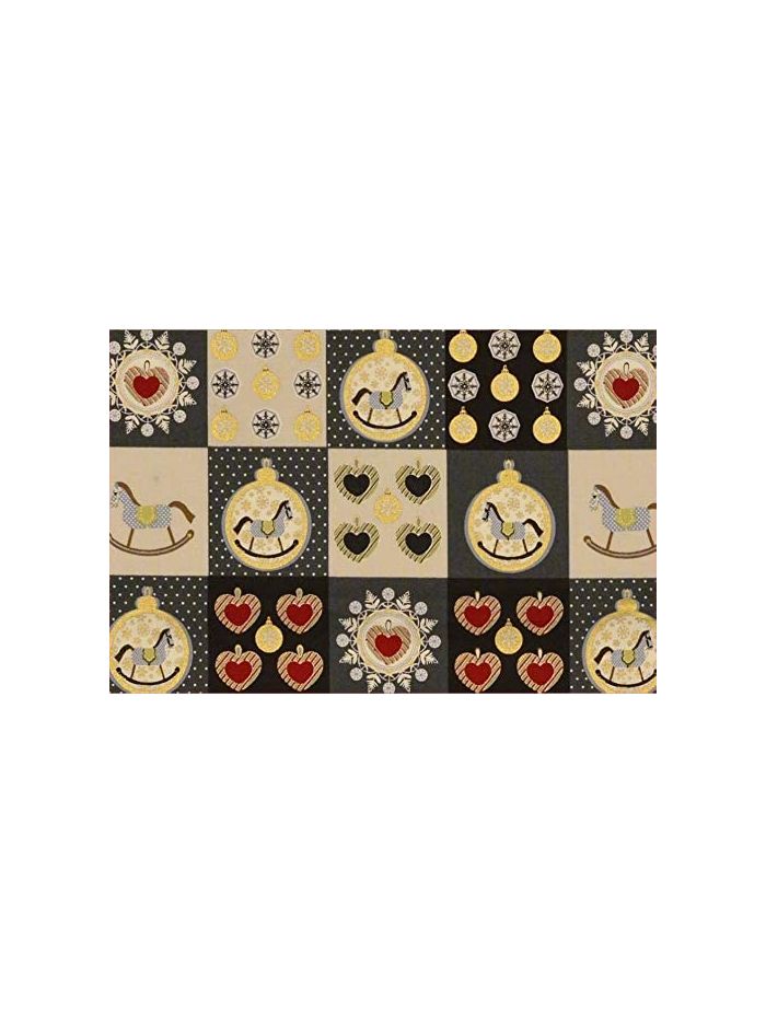 WEIHNACHTEN BAUMWOLLDRUCK BAUMWOLLE STOFF PATCHWORK-STYLE SCHAUKELPFERD WEIHNACHTSKUGELN HERZEN - Creme/Grau